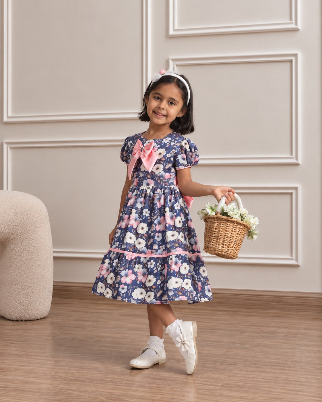 Navy Floral Vintage Bow Dress