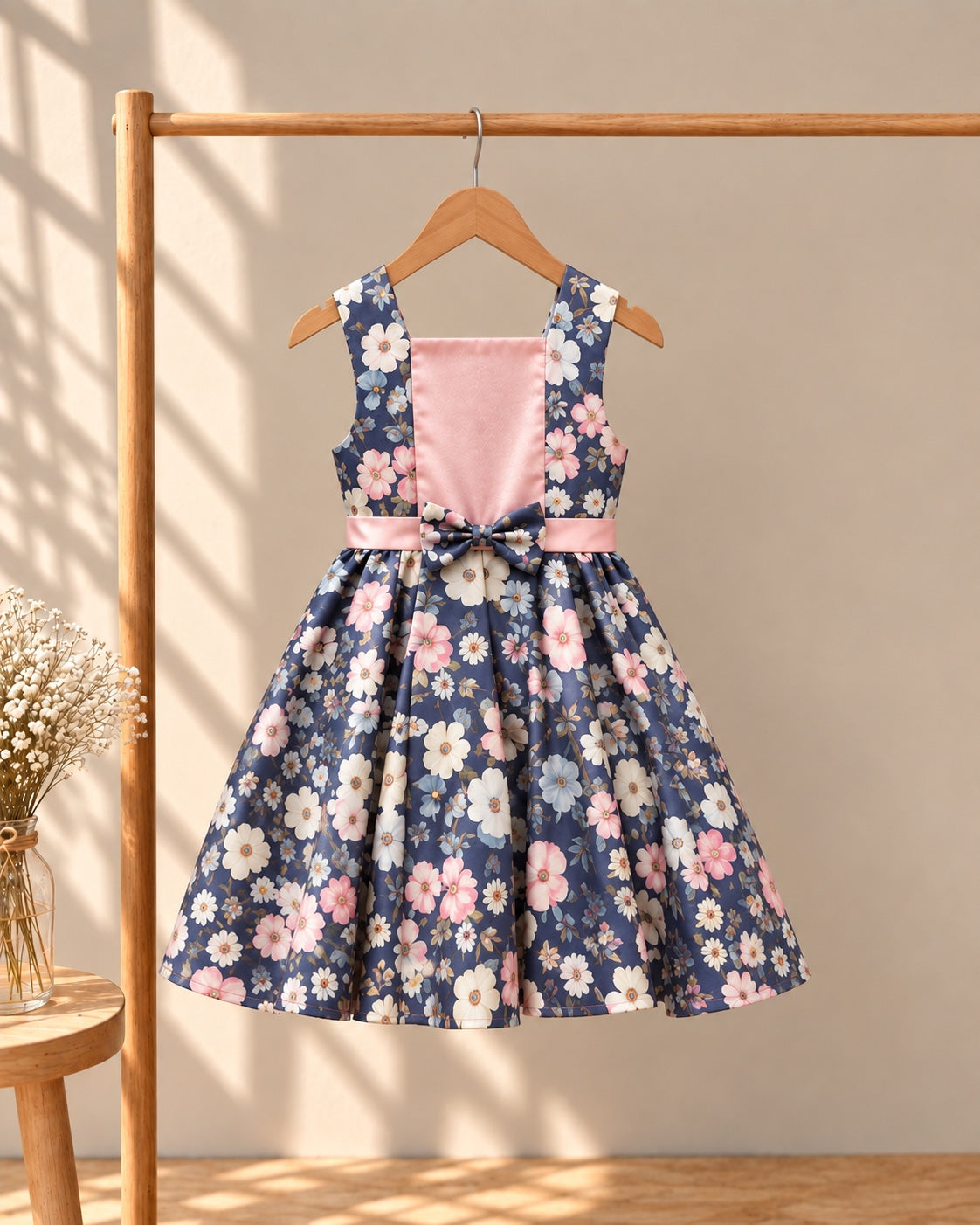 Midnight Blossom Satin Bow Dress