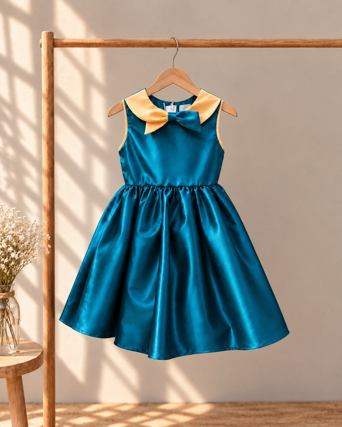 Emerald Elegance Satin Bow Dress