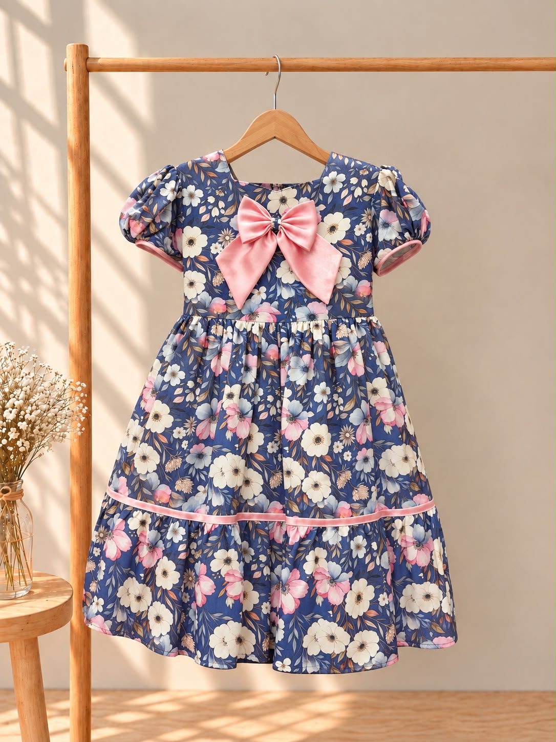 Navy Floral Vintage Bow Dress